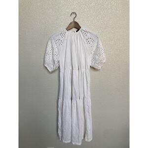 Asos Design White Peasant tiered dress eyelet puff sleeves cottage boho 4 midi